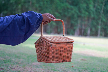 Close-Up of a Girl with a Picnic Basket. Woman with picnic basket in park, rear view. Close-up of...