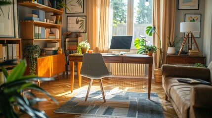 Fototapeta premium Modern Cozy Home Office Setup in Living Room for Convenient Work from Home Environment