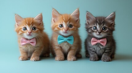 Cute Kittens with Bow Ties on a Light Blue Background