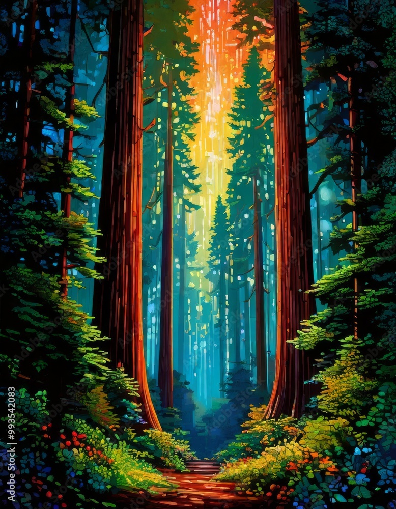 Aufkleber a colorful and vibrant forest image featuring towering trees reaching towards the sky. the scene is 