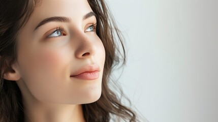 Naklejka premium Portrait of Young Woman with Clear Skin and Natural Makeup, Looking Thoughtfully to the Side in Soft Lighting (Photograph)