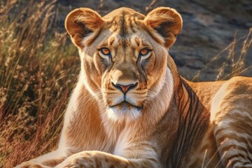Fototapeta premium A close-up of a lioness resting in a natural setting.