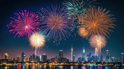 Fireworks Display Over City Skyline