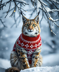 Obraz premium Lynx in a festive sweater sits under a Christmas tree with snow in the background, studio shot with crisp details suitable for album covers, editorial photography.