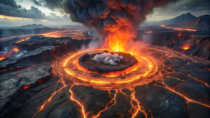 A powerful volcanic eruption unfolds as fiery lava flows rapidly from the crater, surrounded by smoke and ash, all under a dramatic sunset sky in the mountains