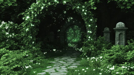 Enchanted forest pathway with glowing lights and lush greenery