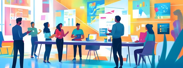 A vibrant illustration of diverse people working together in an open office, surrounded by digital screens displaying global maps