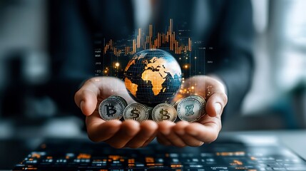 Fototapeta premium Business Hand Holding Global Coins A 3D hand holding various global coins above a digital screen displaying financial data, symbolizing international business and economic power. 