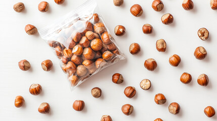 Delicious Hazelnuts in Transparent Bag Displayed on White Surface with Surrounding Nuts.