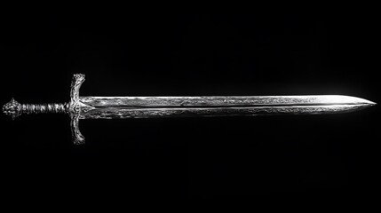 A silver sword with intricate details is displayed against a black background. The blade is sharp and the hilt is ornate.