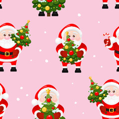 Seamless pattern with Cute Santa Claus and Christmas tree on pink background. Merry Christmas and happy new year. Design for print, wrapping paper, textile, fabric, wallpaper