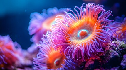 Vibrant sea anemones underwater, macro photography, bioluminescent centers, colorful tentacles in shades of orange, purple, and pink, bright turquoise background.