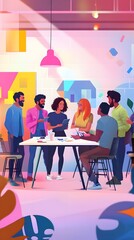 A vibrant illustration of diverse people working together in an open office, surrounded by digital screens displaying global maps