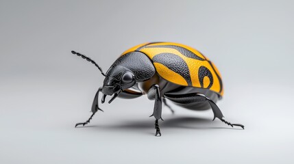 Close-up view of a vibrant black and yellow beetle on a grey background. This striking insect showcases intricate patterns and textures, highlighting its natural beauty.