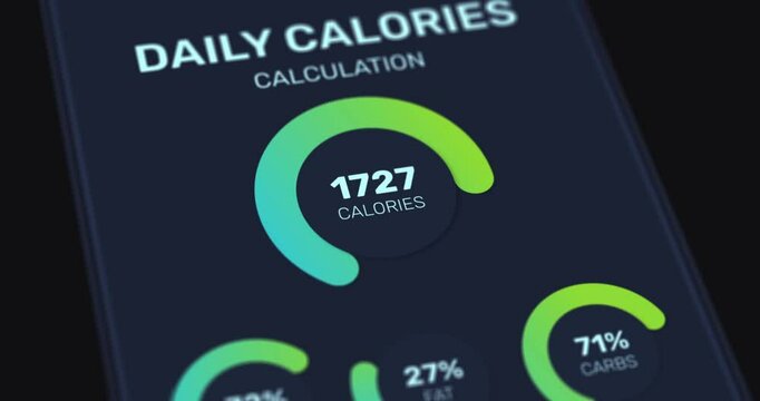 Interface of calories calculation application on smartphone screen, daily pie charts counting nutrition facts, diet and healthy eating concept, footage