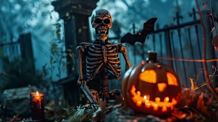 Creepy Skeleton with JackoLantern and Bats in Haunted Graveyard for Halloween, Halloween elements, Happy Halloween