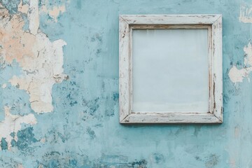A pale blue wall with a whitewashed wooden frame, the blank center blending gently into the background 