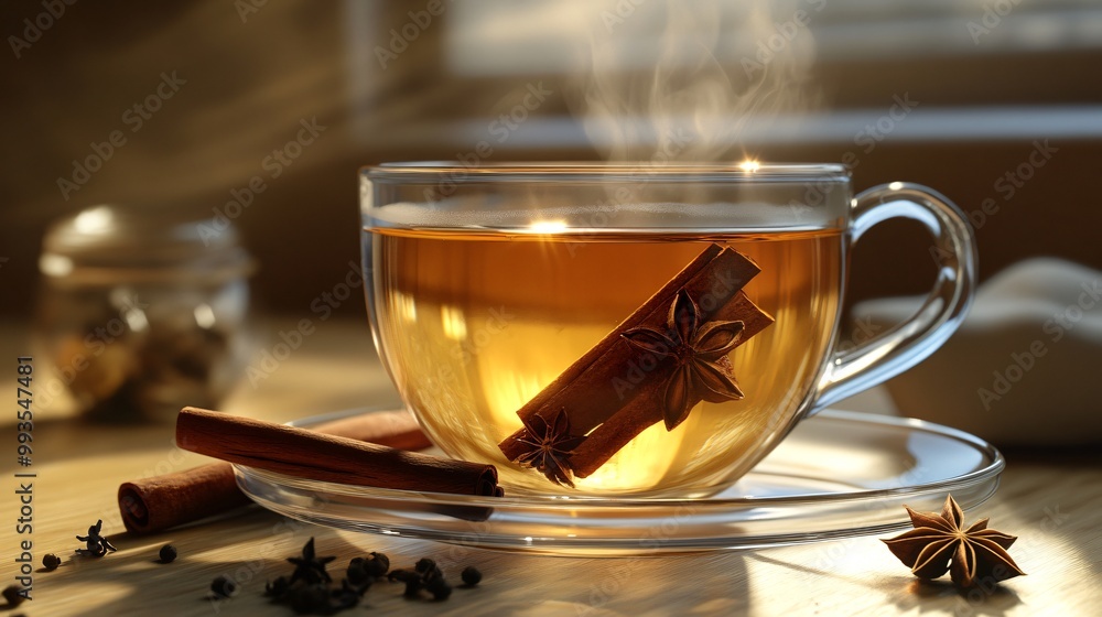 Poster Close-up of a glass mug of steaming hot tea with cinnamon sticks and star anise.