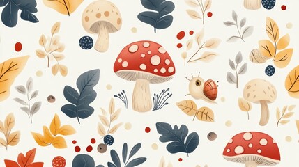 Soft color illustrations full of childlike charm, featuring delicate natural elements such as mushrooms, leaves, berries, and cute little snails.