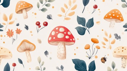 Soft color illustrations full of childlike charm, featuring delicate natural elements such as mushrooms, leaves, berries, and cute little snails.