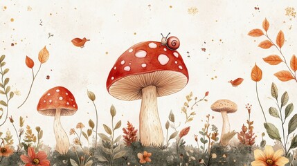 Soft color illustrations full of childlike charm, featuring delicate natural elements such as mushrooms, leaves, berries, and cute little snails.