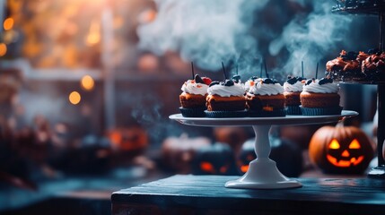 An empty scene featuring a blurred background with soft-focus Halloween cakes and a blank dessert display stand, creating an ideal product mockup space,