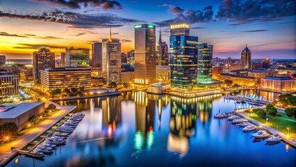 Naklejka premium Stunning Baltimore Skyline Illuminated at Night with Reflections in the Water and Vibrant City Lights