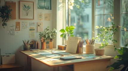 Fototapeta premium A cozy minimalist desk layout with light green accents, neatly arranged with pens, tape, and stickers. The morning light pours in from the window, creating a warm and creative atmosphere.