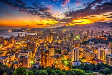 Obraz premium Stunning Beirut Skyline at Twilight with City Lights and Majestic Mountains in the Background