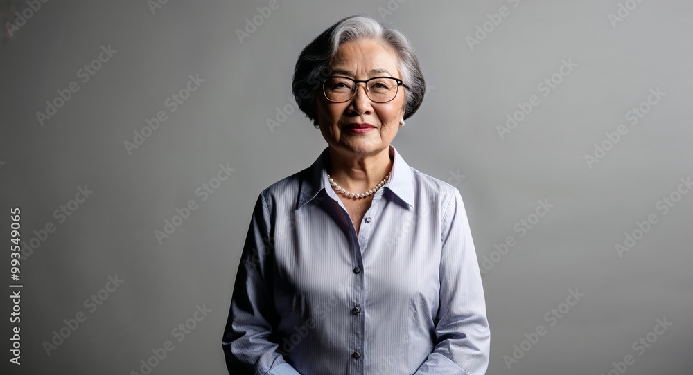 Wall mural Confident elderly Asian woman with glasses wearing blouse on plain grey background