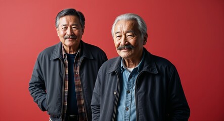 Obraz premium Confident elderly Asian man with mustache wearing casual jacket on plain red background