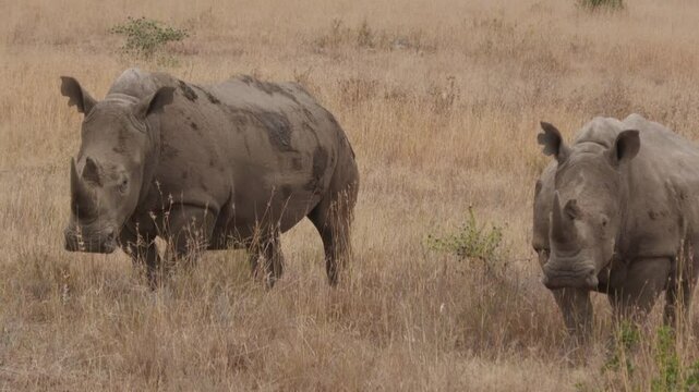 white rhino and calf in the wild afrcan savanna