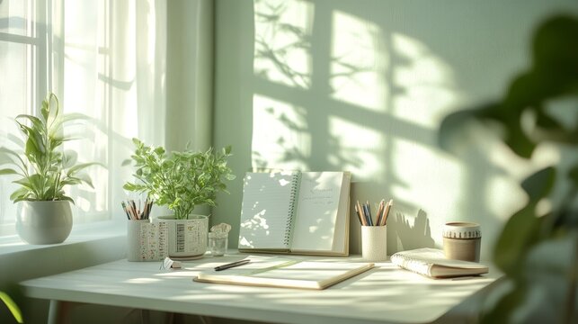 A cozy minimalist desk layout with light green accents, neatly arranged with pens, tape, and stickers. The morning light pours in from the window, creating a warm and creative atmosphere.