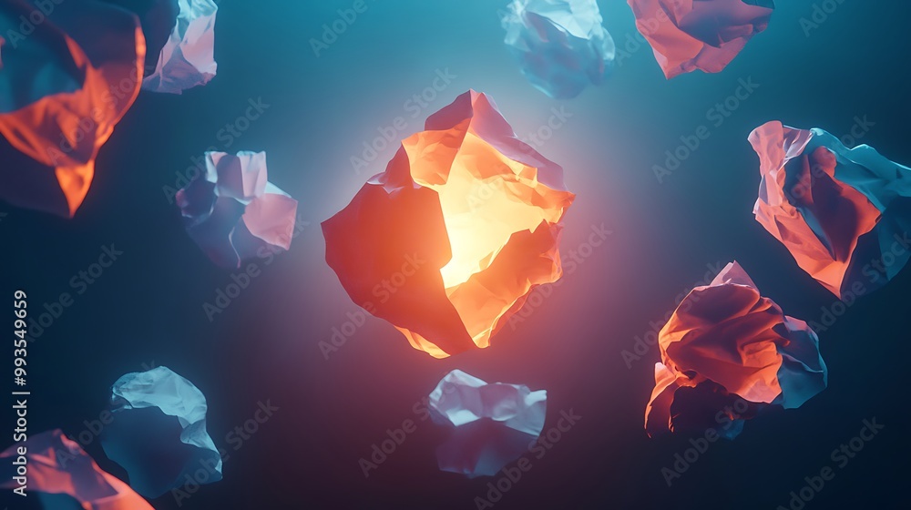 Poster glowing crumpled paper in the middle of other crumpled papers, creating an abstract background.