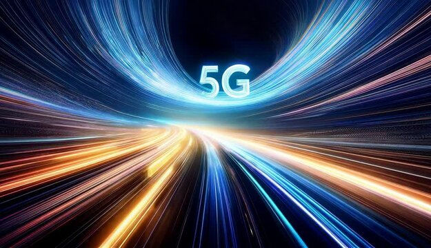 the blazing fast speeds and futuristic nature of the 5G network technology, with vibrant colors and dynamic motion conveying the power and potential of this revolutionary advancement.