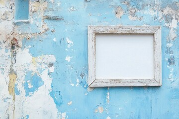 Naklejka premium A pale blue wall with a whitewashed wooden frame, the blank center blending gently into the background 
