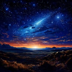 Fototapeta premium A breathtaking night sky filled with stars and a brilliant meteor streaking across the horizon, illuminating the peaceful landscape below. The warm hues of twilight blend into the deep blues of night