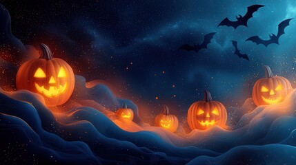 Fototapeta premium Spooky Halloween Night with Glowing Pumpkins and Bats