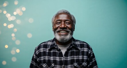 Obraz premium Happy elderly Black man with grey beard wearing plaid shirt on plain beige background