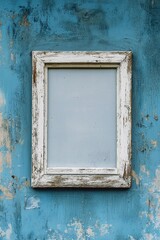 A pale blue wall with a whitewashed wooden frame, the blank center blending gently into the background 