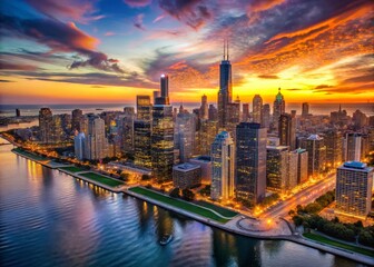 Obraz premium Stunning Chicago Skyline at Sunset with Vibrant Colors Reflected on the Water and City Lights Shining