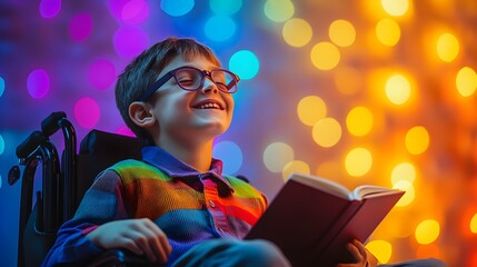 Happy disabled boy in wheelchair drawing with friends at a large classroom table, the atmosphere full of learning, inclusion, and diversity