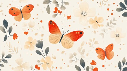 Elegant seamless repeating patterns showcase soft colored butterflies, flowers, and leaves. This minimalist design leaves a lot of blank space between elements