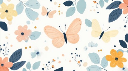 Elegant seamless repeating patterns showcase soft colored butterflies, flowers, and leaves. This minimalist design leaves a lot of blank space between elements