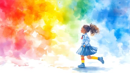 Fototapeta premium Happy young girl with curly hair in school uniform, running to the bus stop, a rainbow-colored sky in the background. Watercolor style, bright and uplifting, childhood innocence