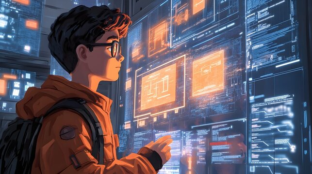 High-tech illustration of a school student in a cyber environment, reviewing AR projections of personal data leaks and network security alerts
