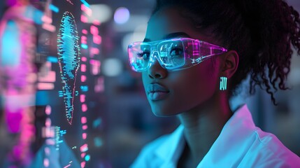 High-tech lab, Black female scientist interacting with an AI hologram, futuristic medical data floating around her, neon blue and violet hues, photo-realism, soft lighting