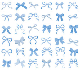 Vector Illustrations of blue vintage bow set. Bow for girly hair decor, flat icons. Ribbons isolated. Trendy girls accessories. Cute hairstyle elements collection.Simple handdrawn blue ribbon bow