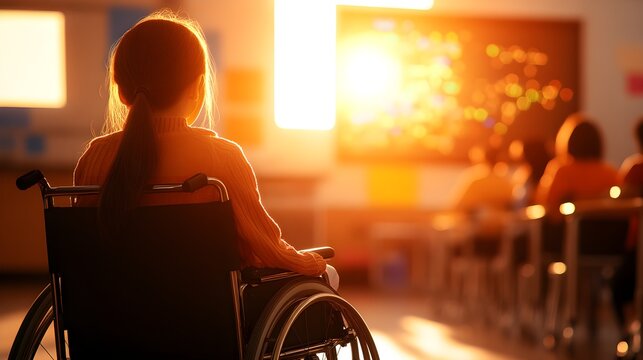 Happy disabled schoolgirl in a wheelchair, smiling in a bright, inclusive classroom with diverse students around, warm sunlight illuminating the space, Digital Illustration, Vibrant, High Detail - Powered by Adobe
