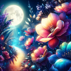 Botanical garden with huge iridescent flowers under the full moon